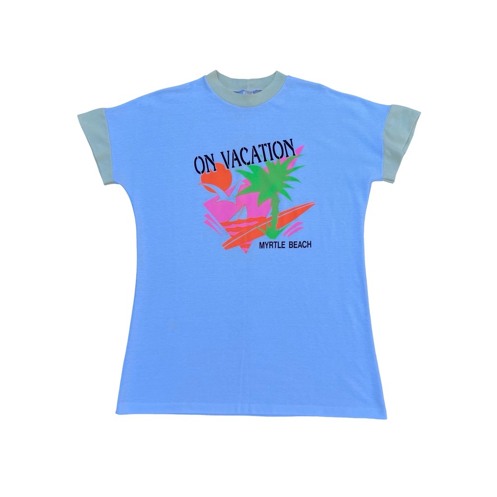 Vintage Myrtle Beach "On Vacation" Graphic T-Shirt Dress Neon OS Kitchy USA-Made